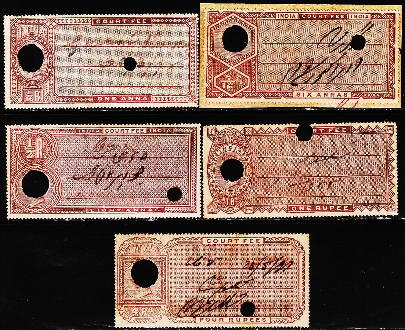 BRITISH INDIA 1882 QUEEN VICTORIA 5 DIFFERENT COURT FEE OLD USED STAMPS #3036