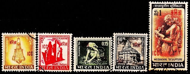 INDIA OVERPRINTED ICC & ANGNIA ISSUED FOR INDIAN UN PEACE KEEING FORCE 5 DIFFERENT USED STAMPS #P25