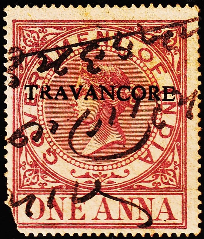 BRITISH INDIA QUEEN VICTORIA OVPT TRAVANCORE REVENUE OLD USED STAMPS CORNER SHORT