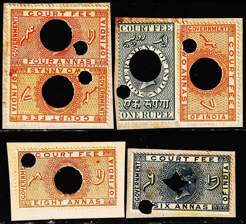BRITISH INDIA QV 6 PCS COURT FEE OLD USED STAMPS