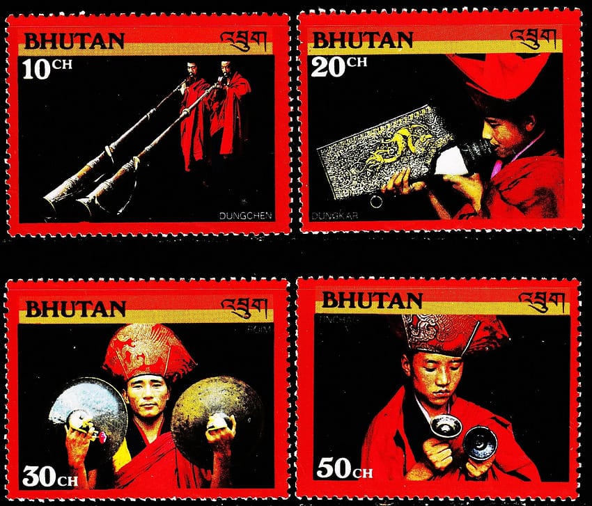 BHUTAN MUSICAL INSTRUMENTS 4 DIFFERENT MINT NH STAMPS